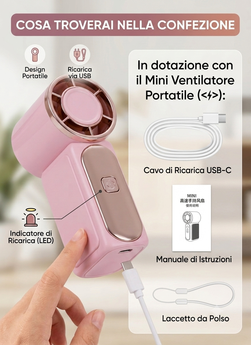 Mini ventilatore portatile, tascabile e ricaricabile