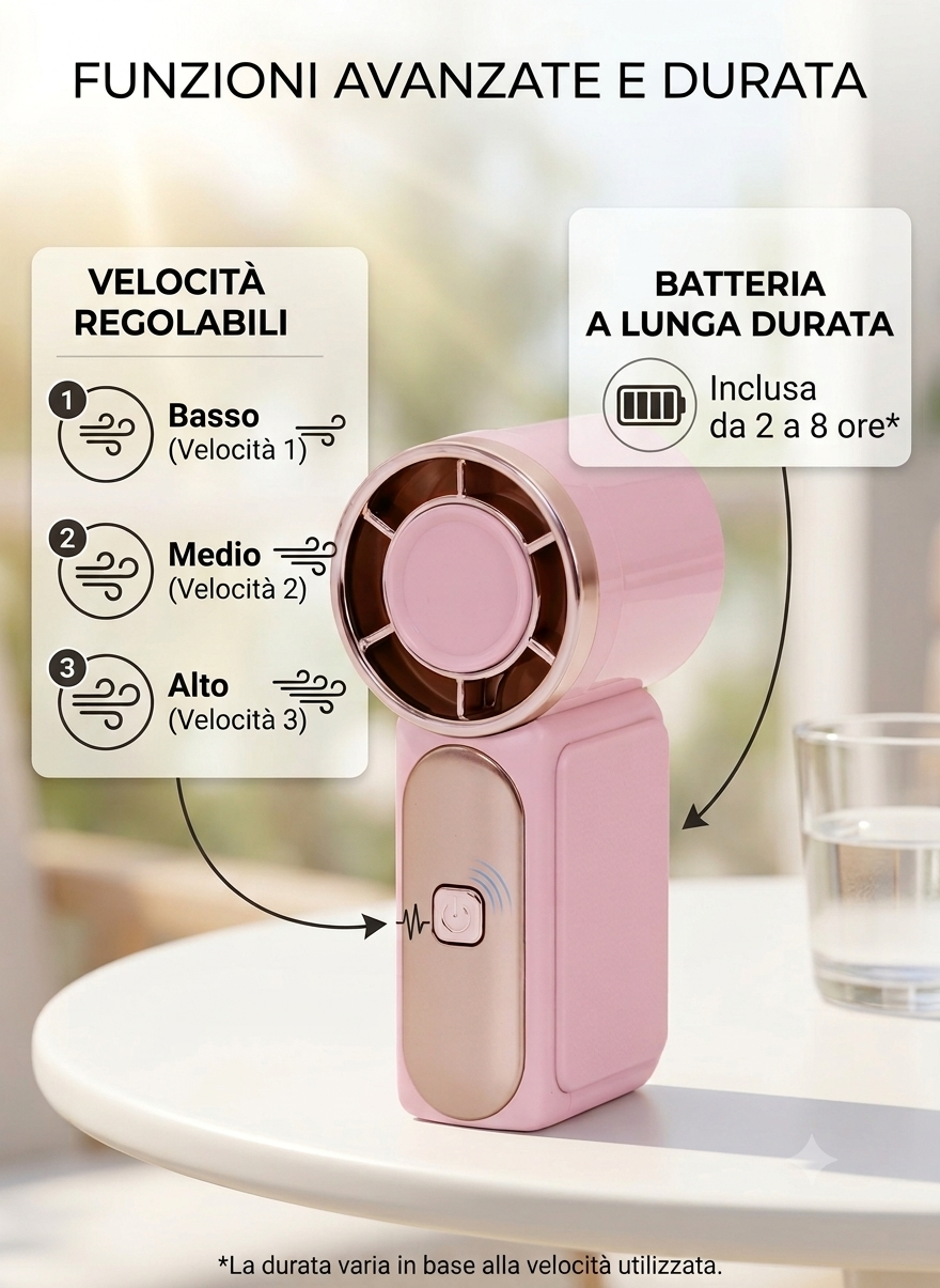Mini ventilatore portatile, refrigerante e ricaricabile