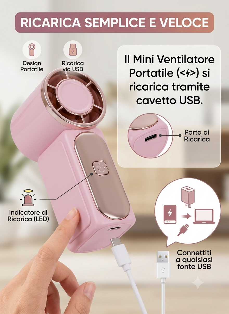 Mini ventilatore portatile, refrigerante e ricaricabile